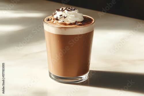 Creamy Coffee with Whipped Cream and Coffee Beans on White Table photo