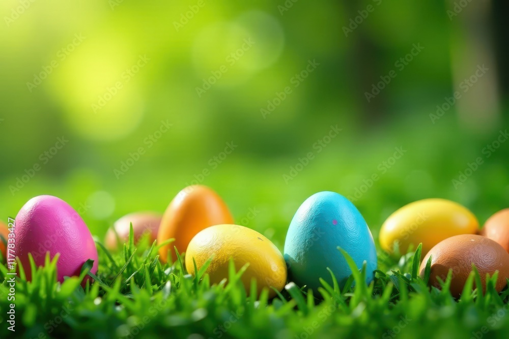 Colorful Easter eggs scattered on the lush green grass , kids, eggs, blooming Colorful Easter eggs scattered on the lush green grass , kids, eggs, blooming