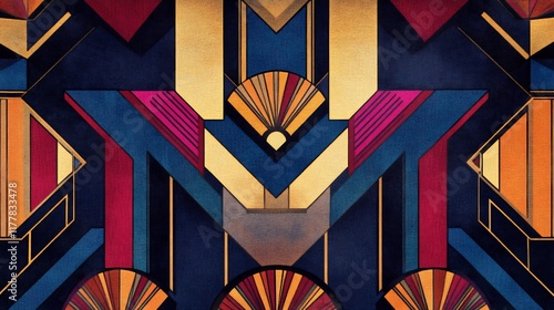 Art Decoinspired textile design rich tones angular patterns and metallic highlights for luxury interiors photo