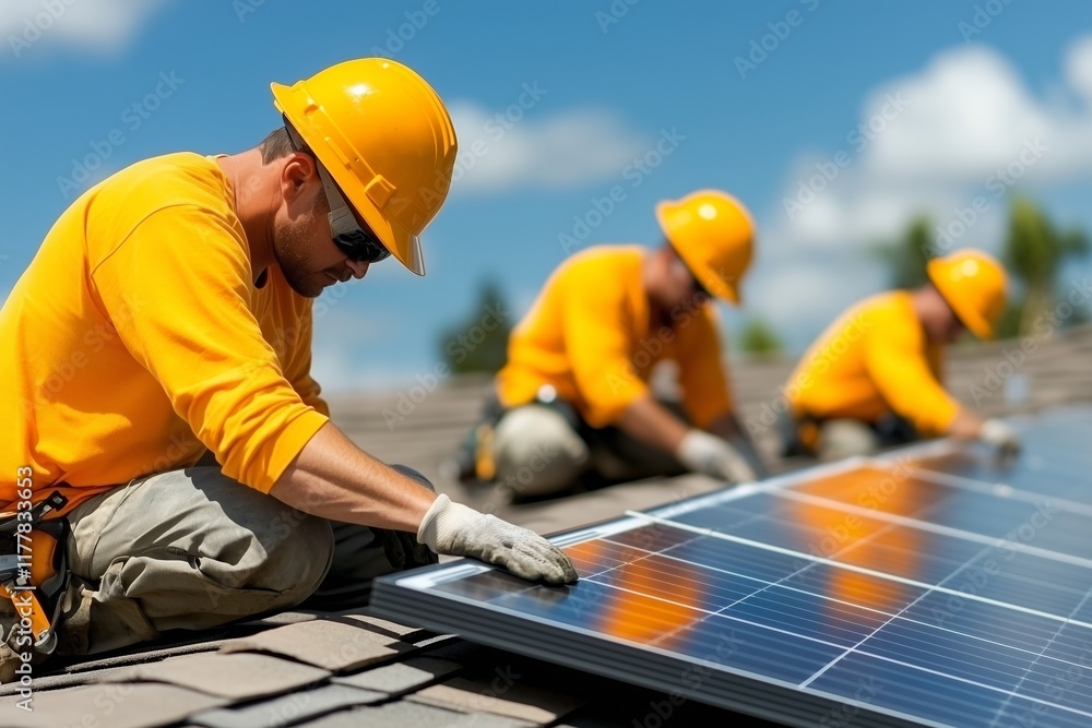 A group of skilled workers in orange safety gear and helmets diligently installing solar panels under a clear blue sky. A group of skilled workers in orange safety gear and helmets diligently installing solar panels under a clear blue sky.