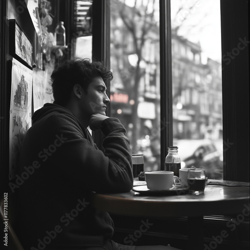 A young man gazes pensively out a window in a cozy cafe, lost in his thoughts and reflections. photo