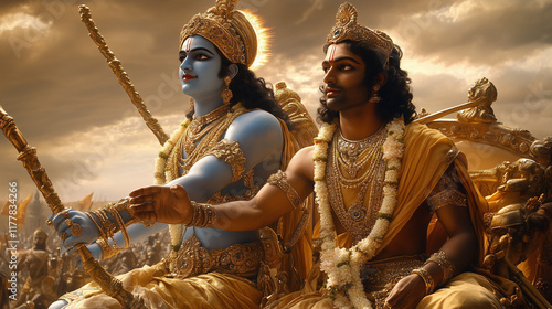 Krishna Guides Arjuna in Epic Teachings of the Bhagavad Gita During a Significant Moment