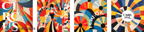 Carnival and Fiesta creative retro art square banner set. Festival and Funfair vintage typography print design collection. Holiday promo flyer with colorful abstract pattern. Modern trendy cover