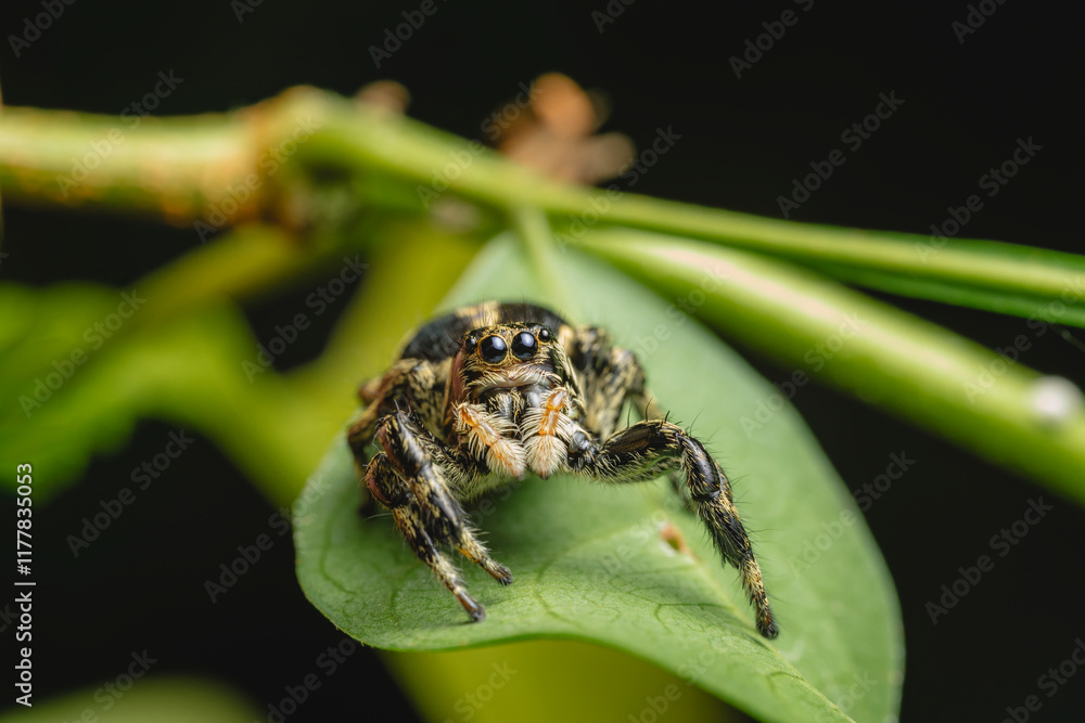 Jumping spider on a green leaf looking at you on camera Jumping spider on a green leaf looking at you on camera
