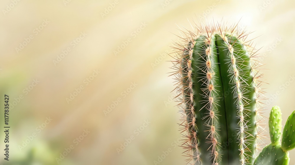 Obraz premium Natural transpiration concept in plants and the environment. Close-up of a cactus with fine hairs against a soft background.