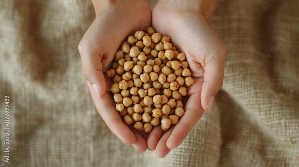 A handful of chickpeas cupped in hands, isolated on a natural linen background A handful of chickpeas cupped in hands, isolated on a natural linen background