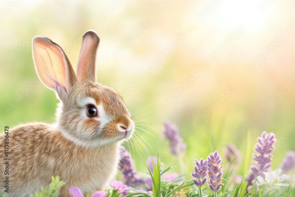 Whimsical spring meadow featuring playful bunnies hopping among vibrant wildflowers in soft pastel tones during a dreamy morning haze Whimsical spring meadow featuring playful bunnies hopping among vibrant wildflowers in soft pastel tones during a dreamy morning haze