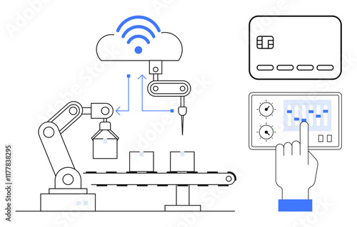 Robotic arm on production line with cloud connectivity, control panel, and payment card integration. Ideal for automation, manufacturing, IoT, robotics payments smart factory Industry 4.0. Line