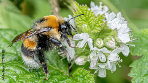 female bee Halictus sp pollinating and feeding on yellow yarrow flowers. photo