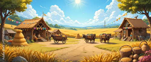 Indian village Harvest Festival Scene cartoon Background illustration