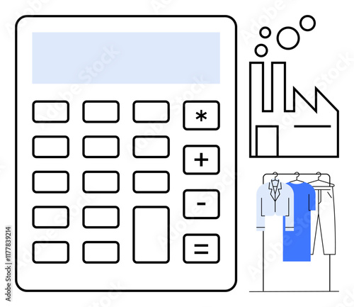 Large calculator with functional buttons, stylized factory with gears, and clothing on a rack. Ideal for business, finance, manufacturing, retail, accounting budgeting investments. Line metaphor