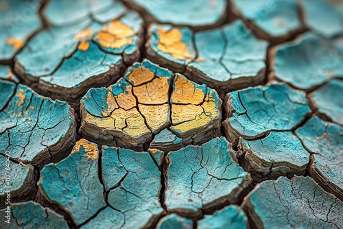 Cracked Blue Soil with Emerging Green Plant in Sunlight photo