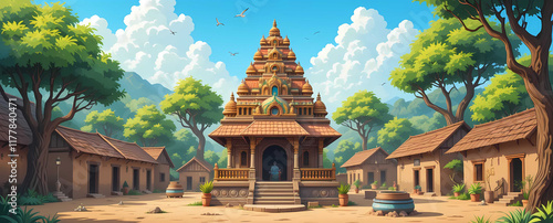 Indian Village Temple cartoon Background illustration