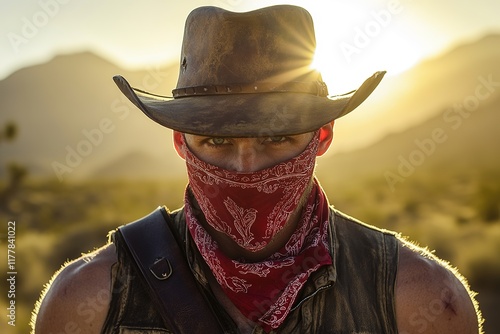 Cowboy in hat and red bandana with sunset backdrop photo