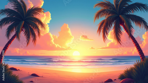 Illustration of tropical beach at sunset, with palms, in retro vibes