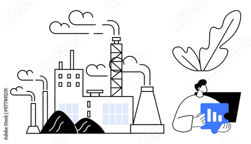 Factory emits smoke from chimneys, monitored by a man analyzing data on a computer. Ideal for industrial factory processes, environmental monitoring, pollution control, tech integration, data