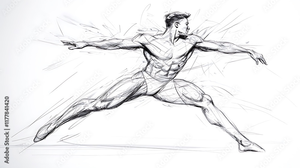 Fototapeta premium Dynamic sketch of a male ballet dancer in motion, showcasing muscular physique and graceful pose.