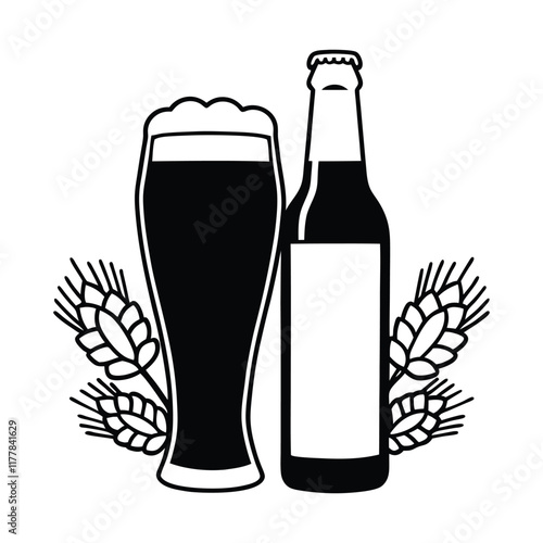 Silhouette of Beer bottle and glass with wheat hops