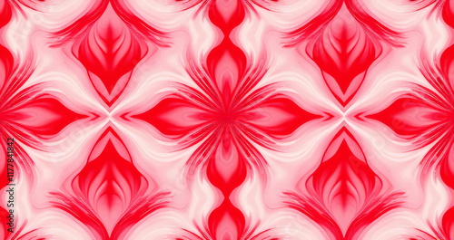 Abstract pattern: A vibrant composition featuring a flowing interplay of red, pink, and cream tones radiating outward from a central point, evoking a sense of motion and energy