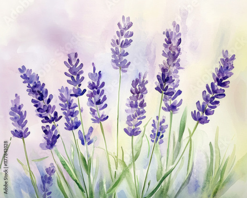 Captivating details of lavender blooms against a watercolor backdrop.