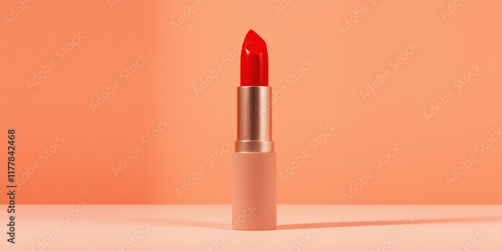 Lipstick: A solitary, vibrant red lipstick standing tall against a soft gradient backdrop that shifts from pale to deep orange hues, its glossy, creamy texture gleaming as it catches the light Lipstick: A solitary, vibrant red lipstick standing tall against a soft gradient backdrop that shifts from pale to deep orange hues, its glossy, creamy texture gleaming as it catches the light