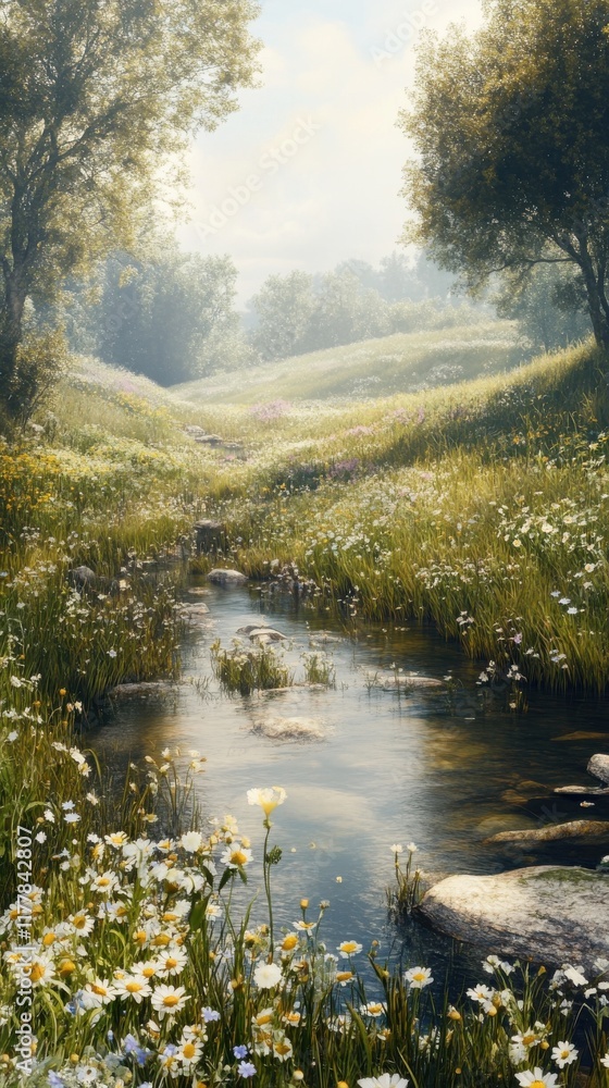 Fototapeta premium Tranquil stream flowing through a serene meadow with wildflowers on a sunny day