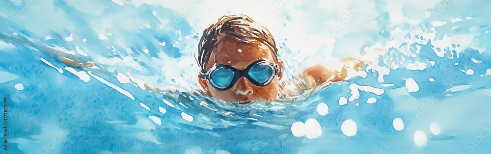 Fototapeta premium Capture of a young swimmer gliding through the clear blue water with determination during a bright sunny day
