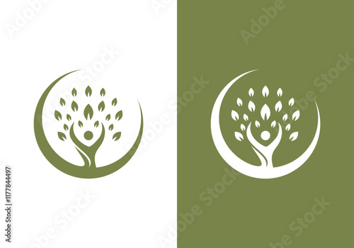 line art nature logo vector design of tree and man or person inside circle, abstract tree logo symbol inside circle