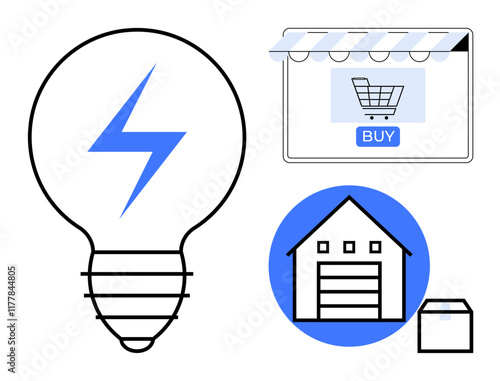 Lightbulb with blue lightning bolt, online shopping cart on webpage, warehouse icon in blue circle, and shipping box. Ideal for e-commerce, innovation, logistics, energy, online stores warehouses