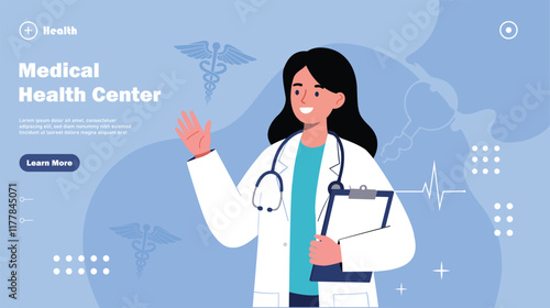 Smiling female doctor in a lab coat holding a clipboard with medical symbols and health center design, Women Doctor vector illustration