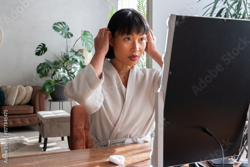 Asian Woman Looking At Mirror At Home In The Morning photo