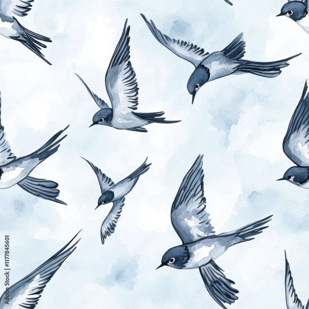 Obraz premium Intricate doodle cartoon drawing featuring various birds in flight against a serene blue sky background