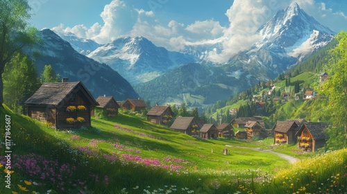 Wallpaper Mural Idyllic alpine village surrounded by vibrant greenery and majestic mountains in bright daylight Torontodigital.ca