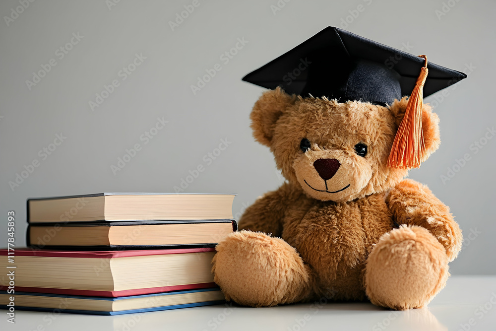Graduation teddy bear seated next to a stack of books on a bright surface Graduation teddy bear seated next to a stack of books on a bright surface