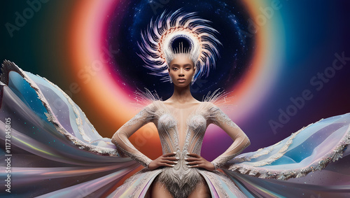 Futuristic woman in a sheer outfit against glowing multicolored circles