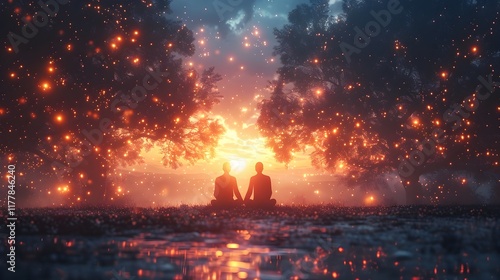 Magical Sunset Scene with Two People Reflecting on Calm Water