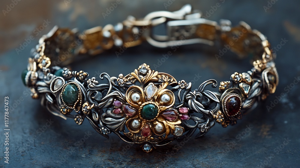 Intricately designed bracelet mix of metals and gemstones featuring an elaborate clasp and delicate detailing Intricately designed bracelet mix of metals and gemstones featuring an elaborate clasp and delicate detailing