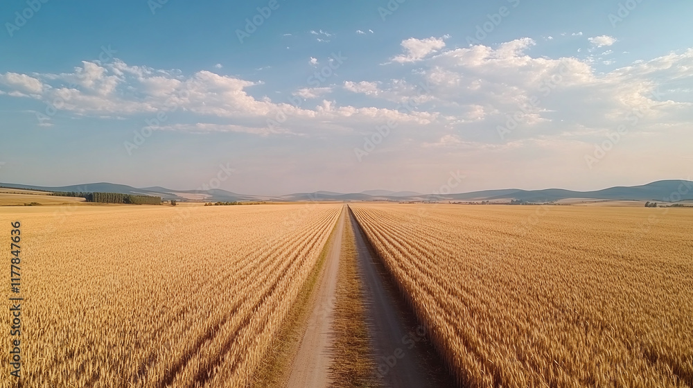 Asphalt road surrounded by ripe yellow wheat field nature. summer rural countryside landscape, agriculture and farming crops meadow, scenic view, blue sky. Asphalt road surrounded by ripe yellow wheat field nature. summer rural countryside landscape, agriculture and farming crops meadow, scenic view, blue sky.