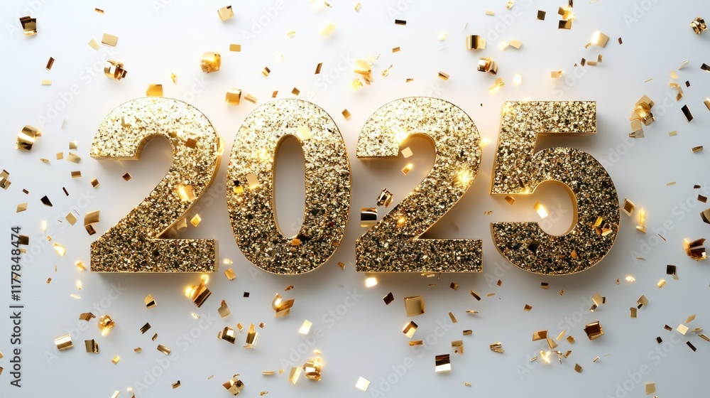 Realistic Golden 2025 Text Rendering with Glitter and Confetti Realistic Golden 2025 Text Rendering with Glitter and Confetti