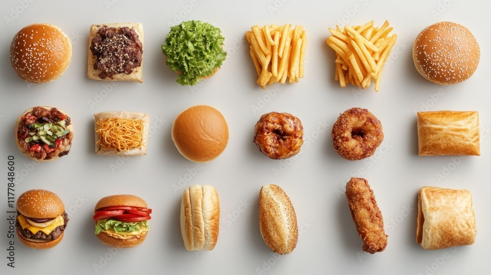 Various Delicious Fast Foods Arrangement on a Light Background Various Delicious Fast Foods Arrangement on a Light Background