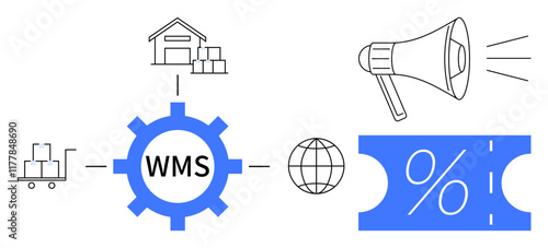 WMS gear icon connected to warehouse, forklift, globe, megaphone, and discount coupon symbols. Ideal for logistics, automation, inventory control, global commerce marketing efficiency supply