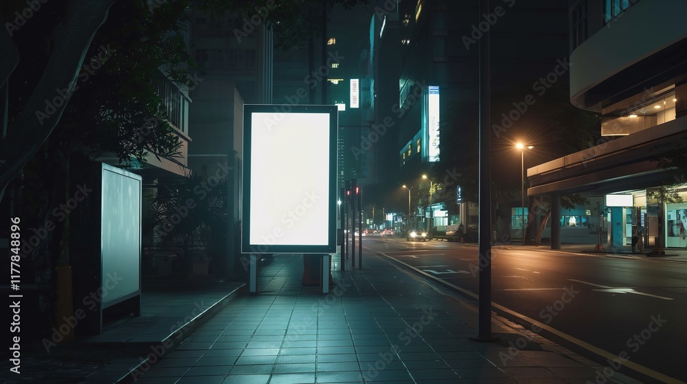 Urban Nightscene with Empty Billboard and Bus Stop, Depicting Modern City Silence and Opportunity Urban Nightscene with Empty Billboard and Bus Stop, Depicting Modern City Silence and Opportunity
