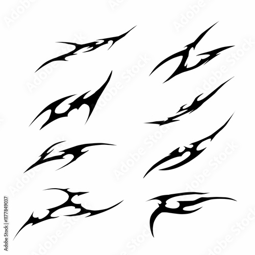 Set of tribal shapes with a stiff touch, hand drawn vector design gothic sigilism tattoo elements isolated on white background