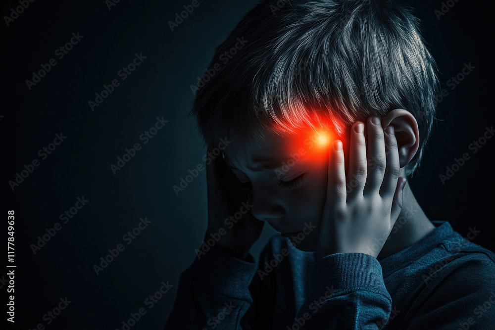 Young Boy Sitting Alone, Struggling with a Painful Headache Young Boy Sitting Alone, Struggling with a Painful Headache