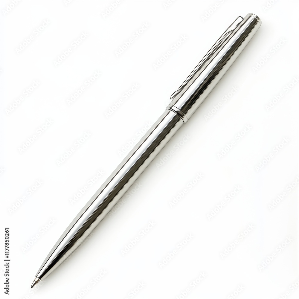 Modern silver pen with glossy finish resting on a clean surface ready for writing Modern silver pen with glossy finish resting on a clean surface ready for writing