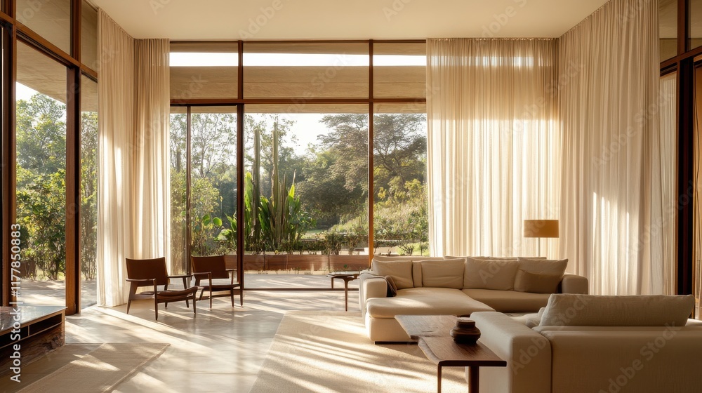 Fototapeta premium Living room featuring floor-to-ceiling windows with abundant natural light and serene outdoor views