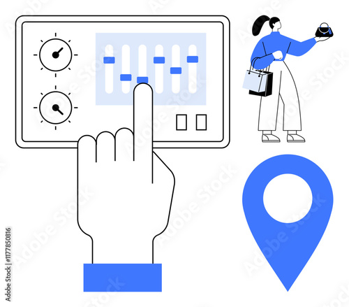 Hand pointing at control panel with dials and sliders. Woman holding product with shopping bags. Blue location marker. Ideal for technology, user interface, retail, navigation, consumer behavior