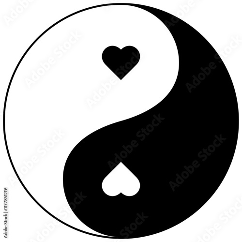 Yin and Yang symbol with hearts representing balance and love. Black and white color simple flat style design.