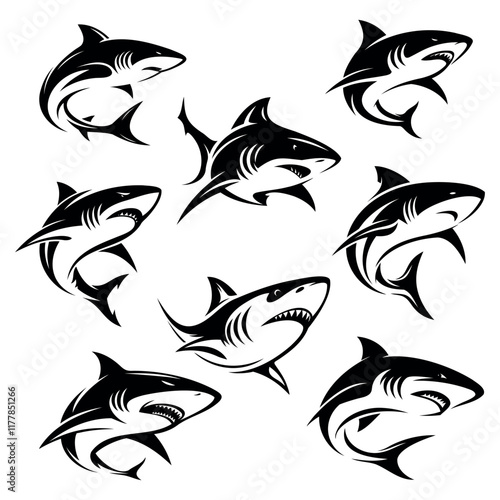 
set of black and white shark icons, on white background