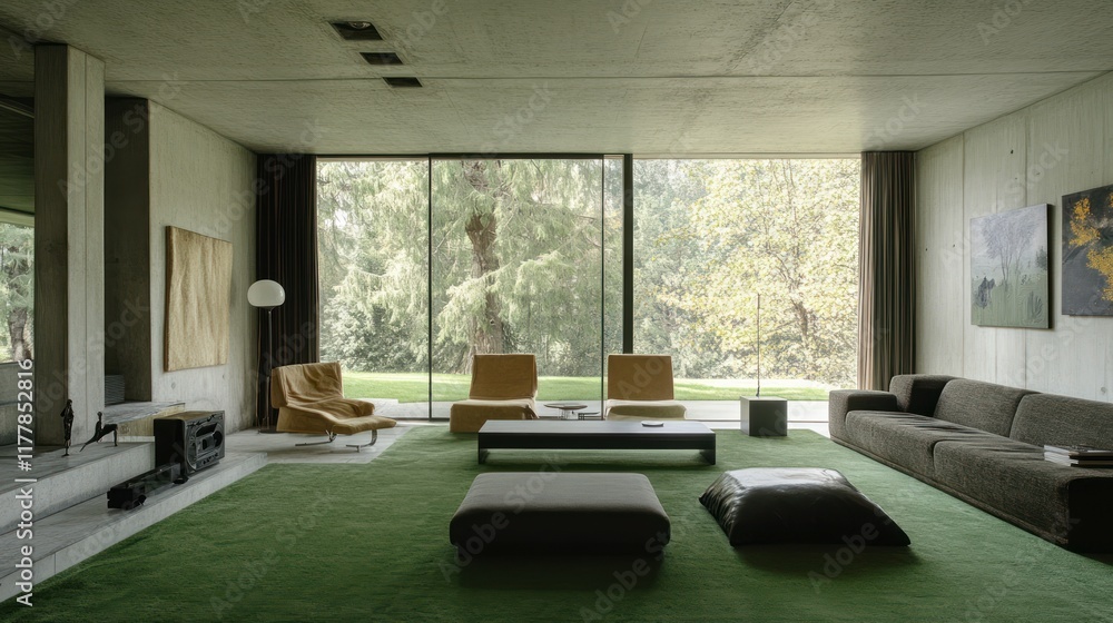 Fototapeta premium Modern living room with green carpet and nature view.